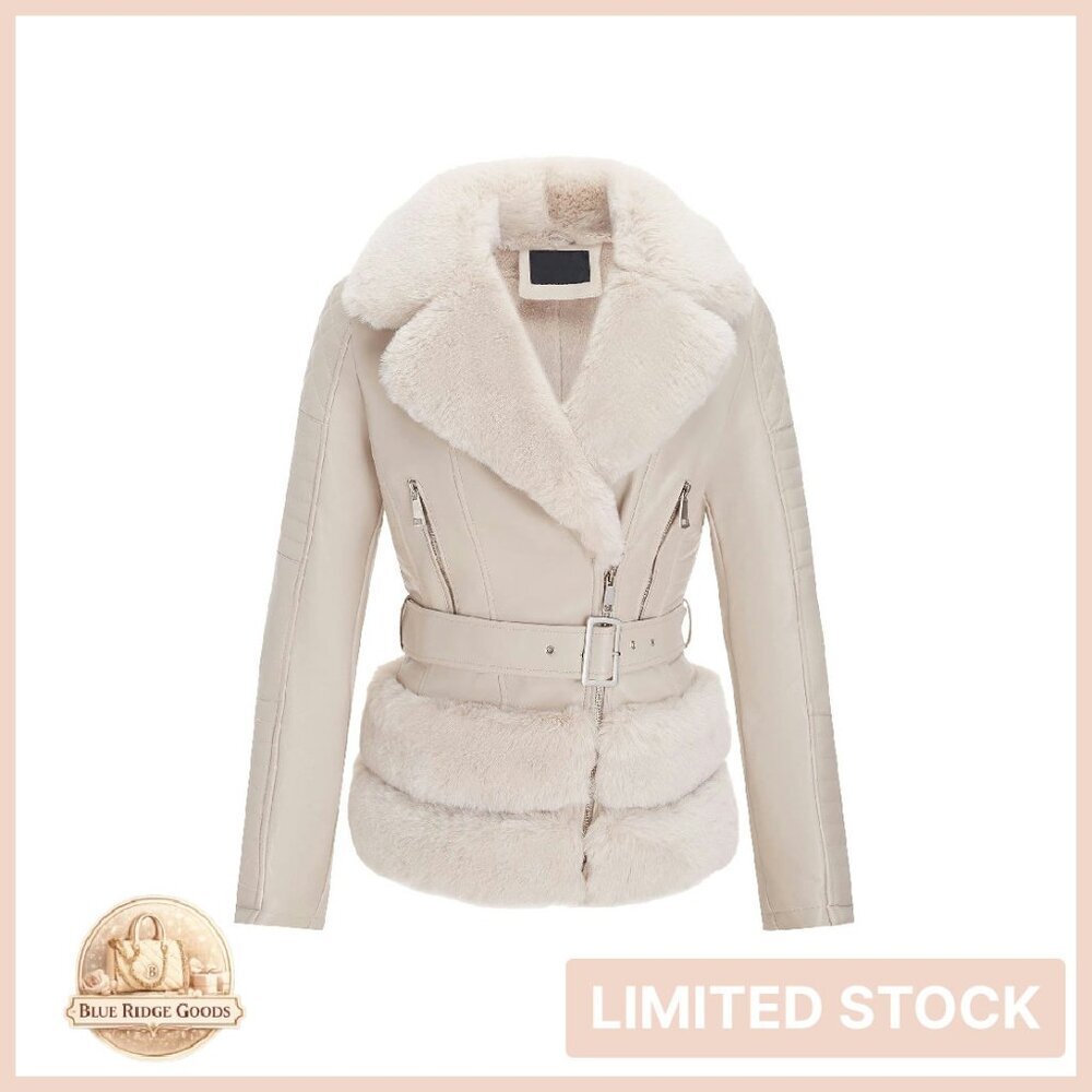 Faux Leather Moto Jacket Sherpa Lined Removable Fur Collar Chic Biker Style
